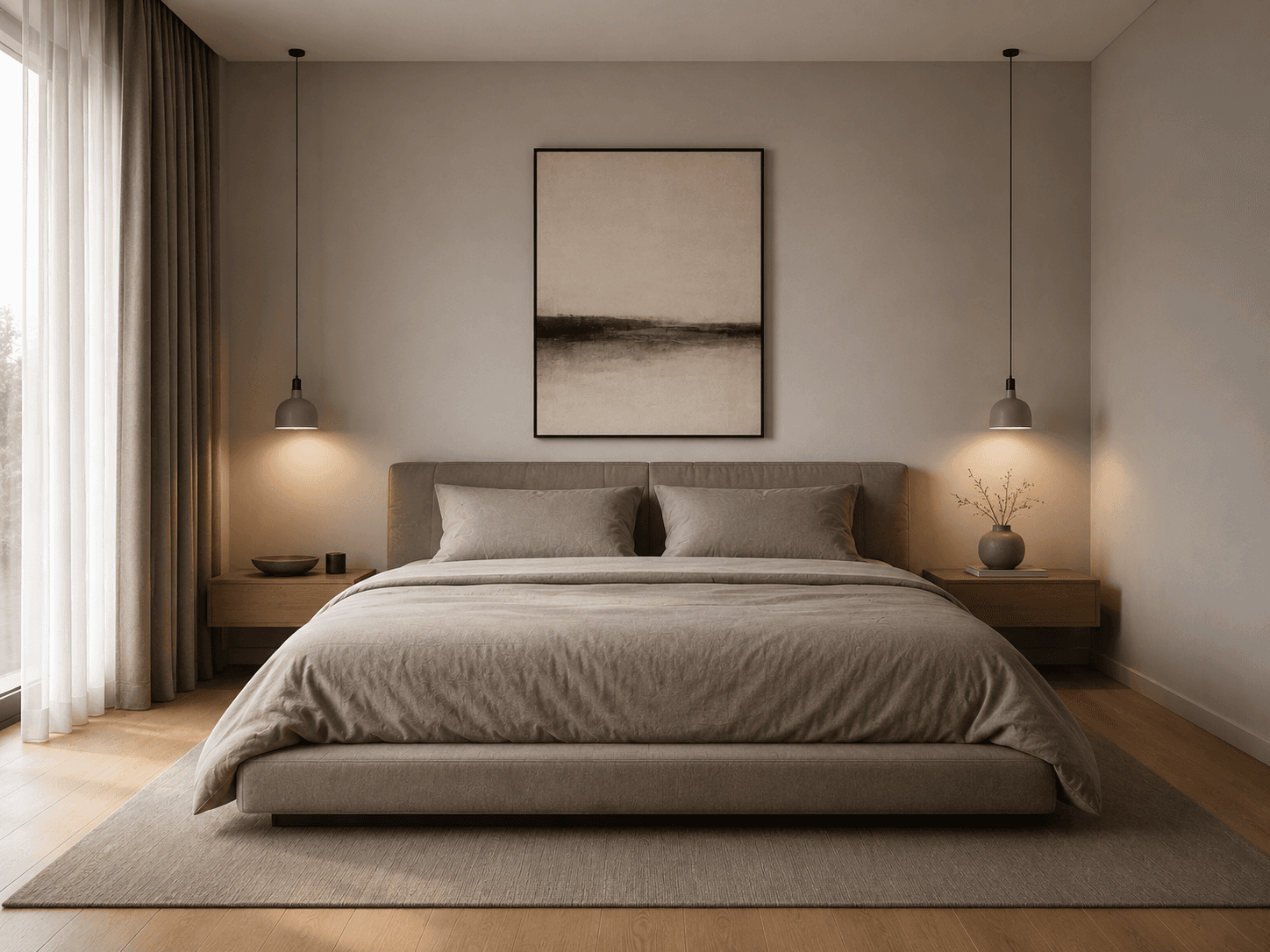 Minimal bedroom with a made bed, two pendant lights and a framed print above the headboard