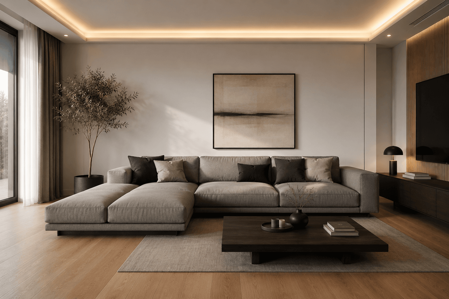 Modern living room with a low sectional sofa and warm recessed lighting