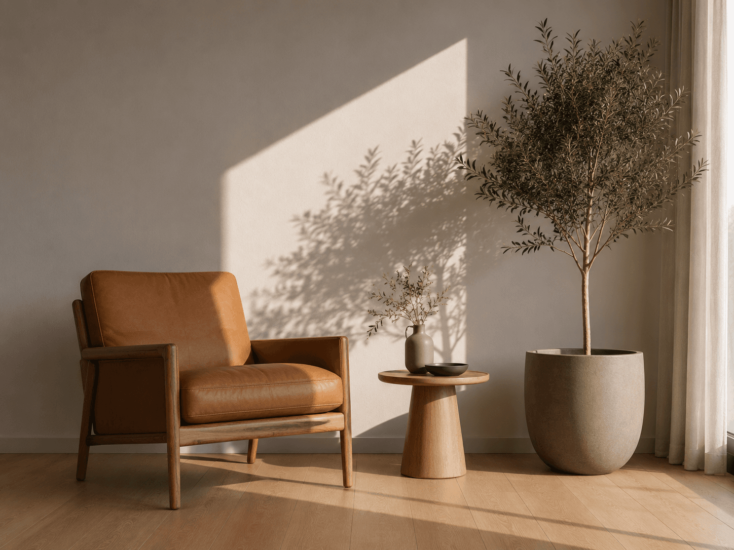Tan leather armchair beside a side table and a tall potted plant in sunlight
