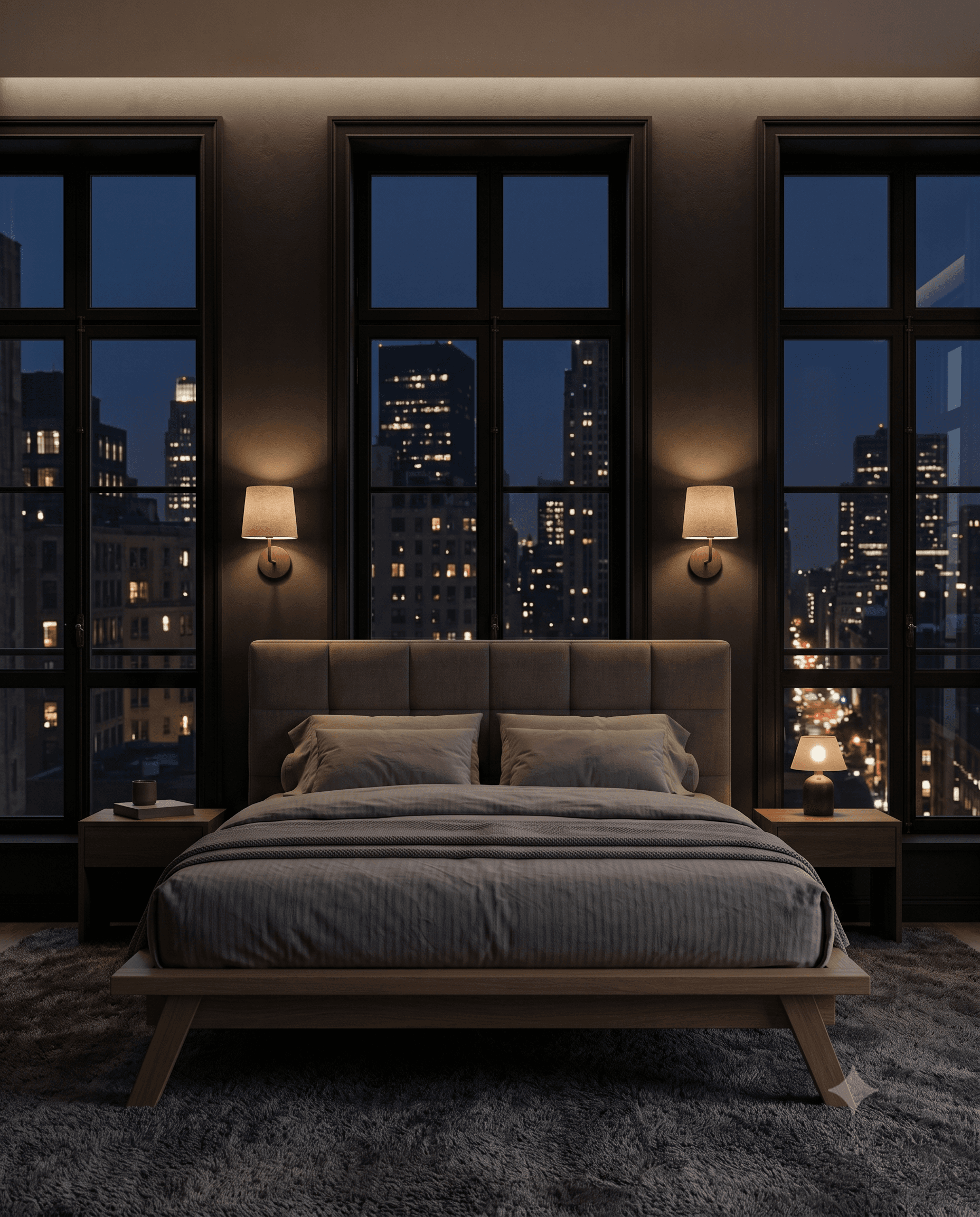 Dark bedroom at dusk with a made bed, warm wall lights and a city view through tall windows