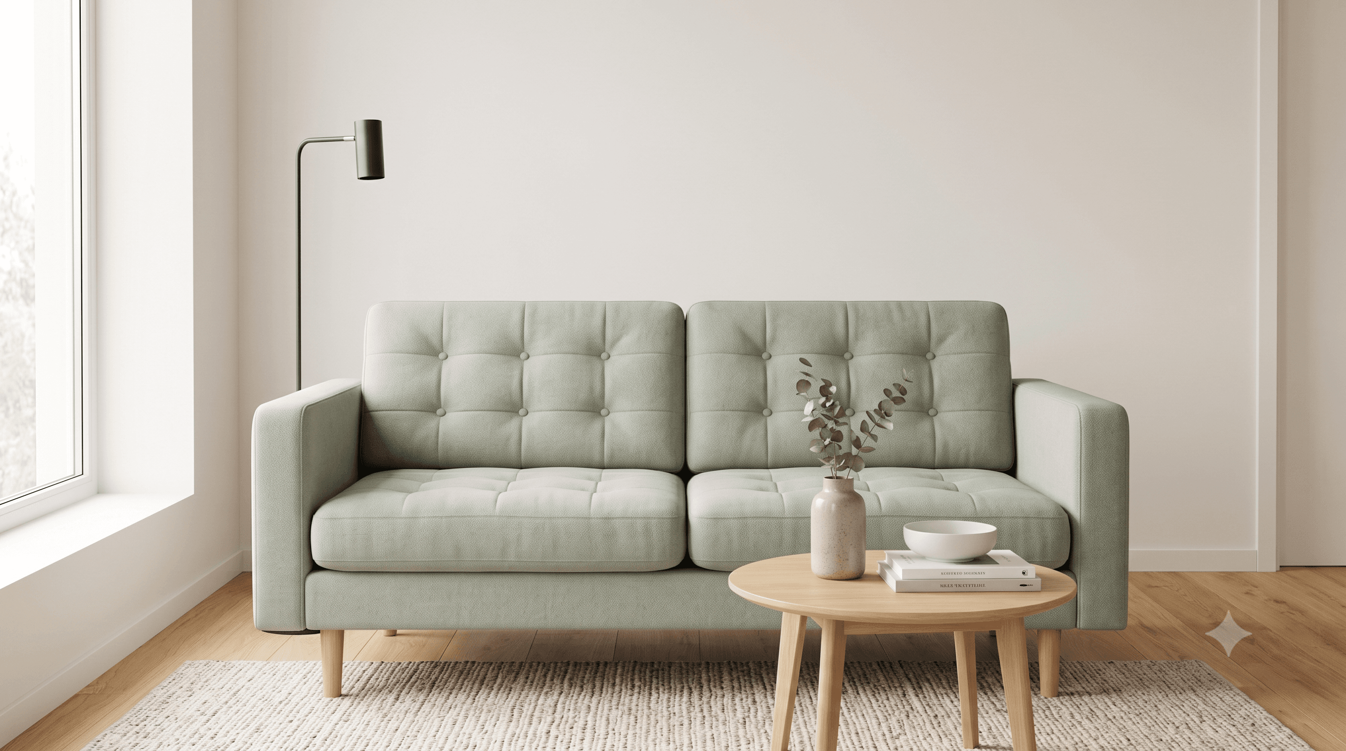 Pale green two-seat sofa with a floor lamp and a small round coffee table