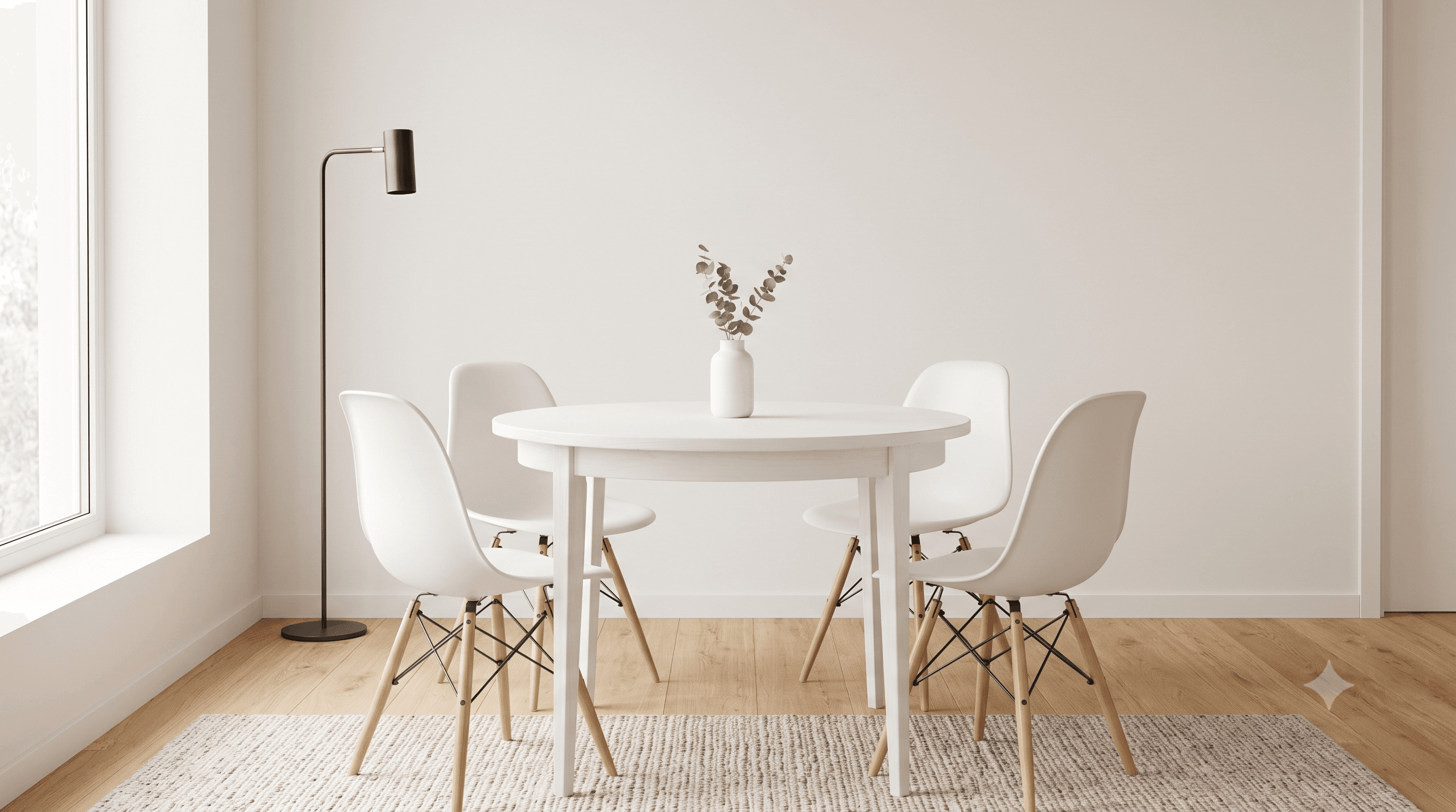 Round white dining table with four moulded chairs and a small plant centrepiece