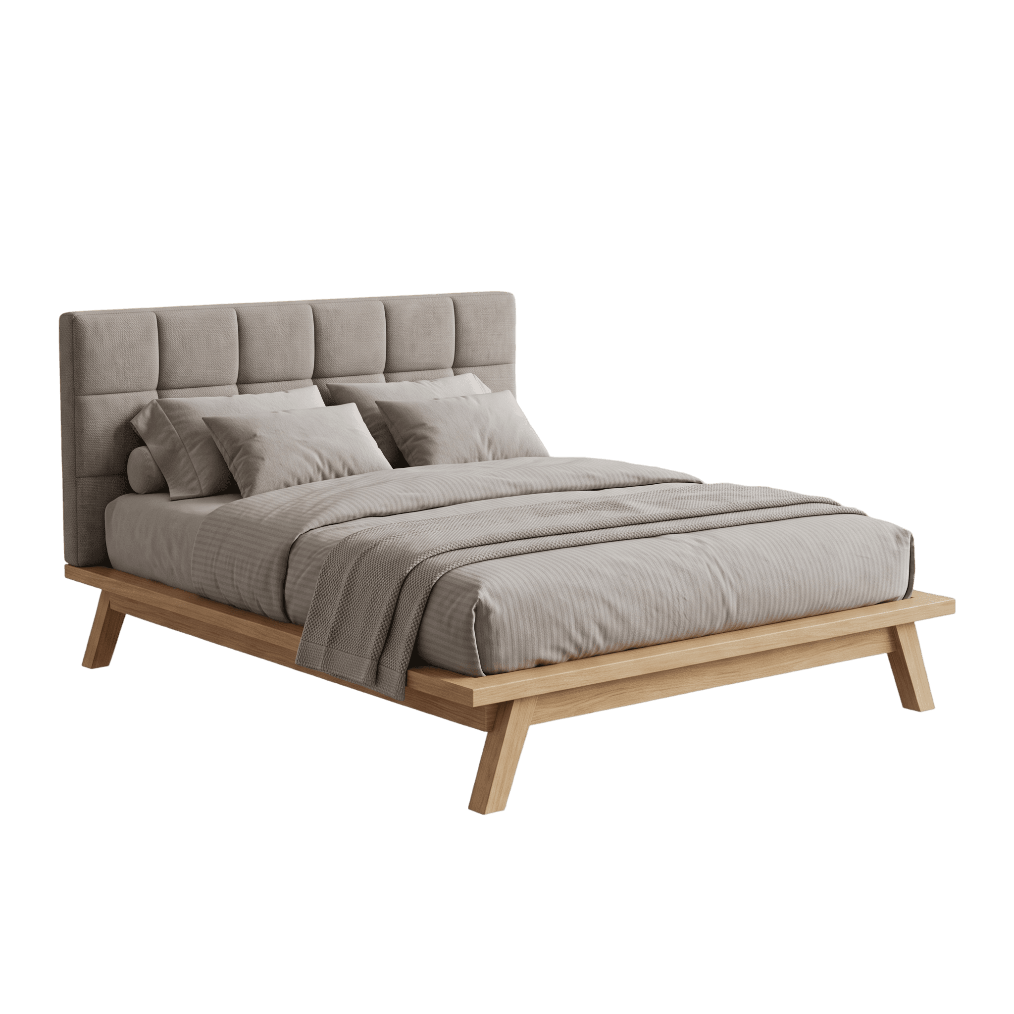 Low platform bed with a padded headboard and grey bedding