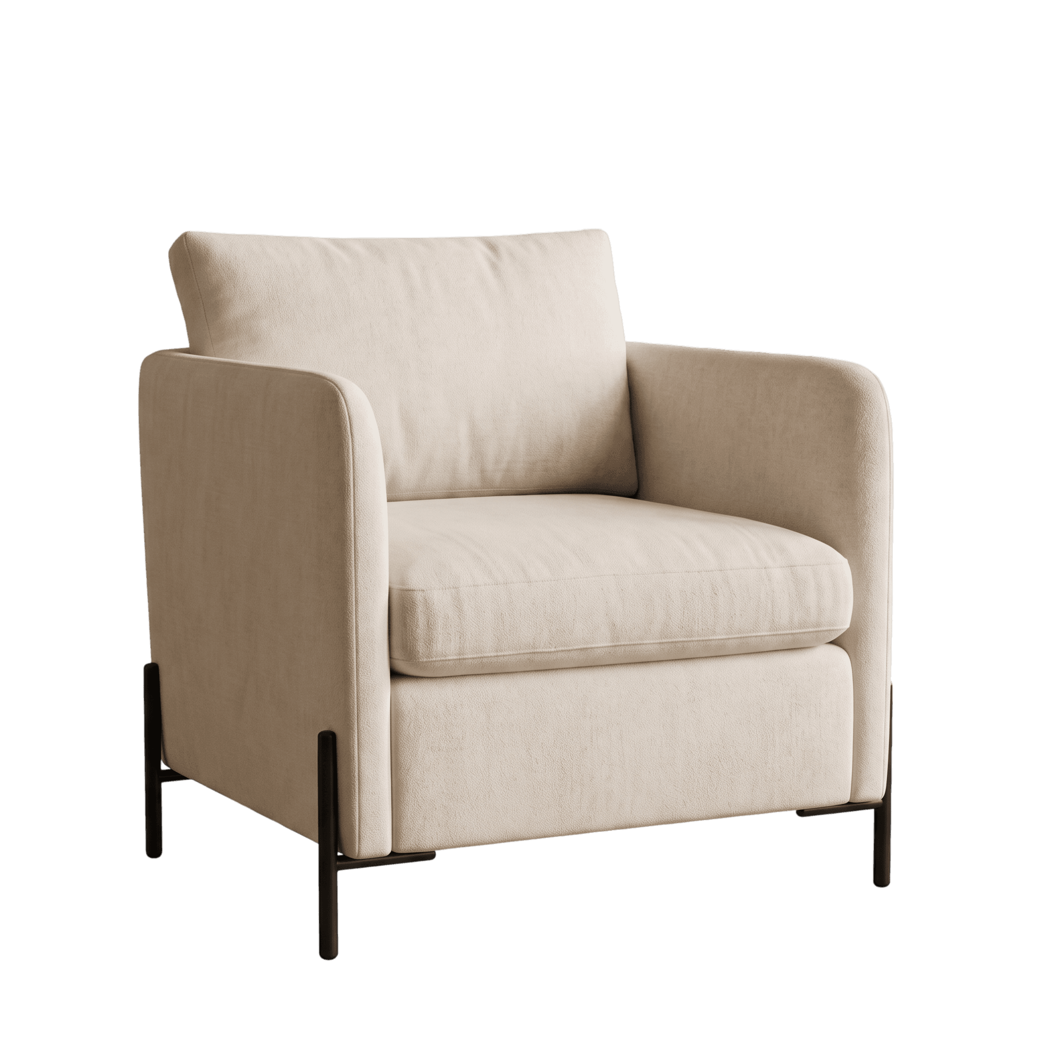 Cream upholstered armchair with a loose back cushion on slim black metal legs