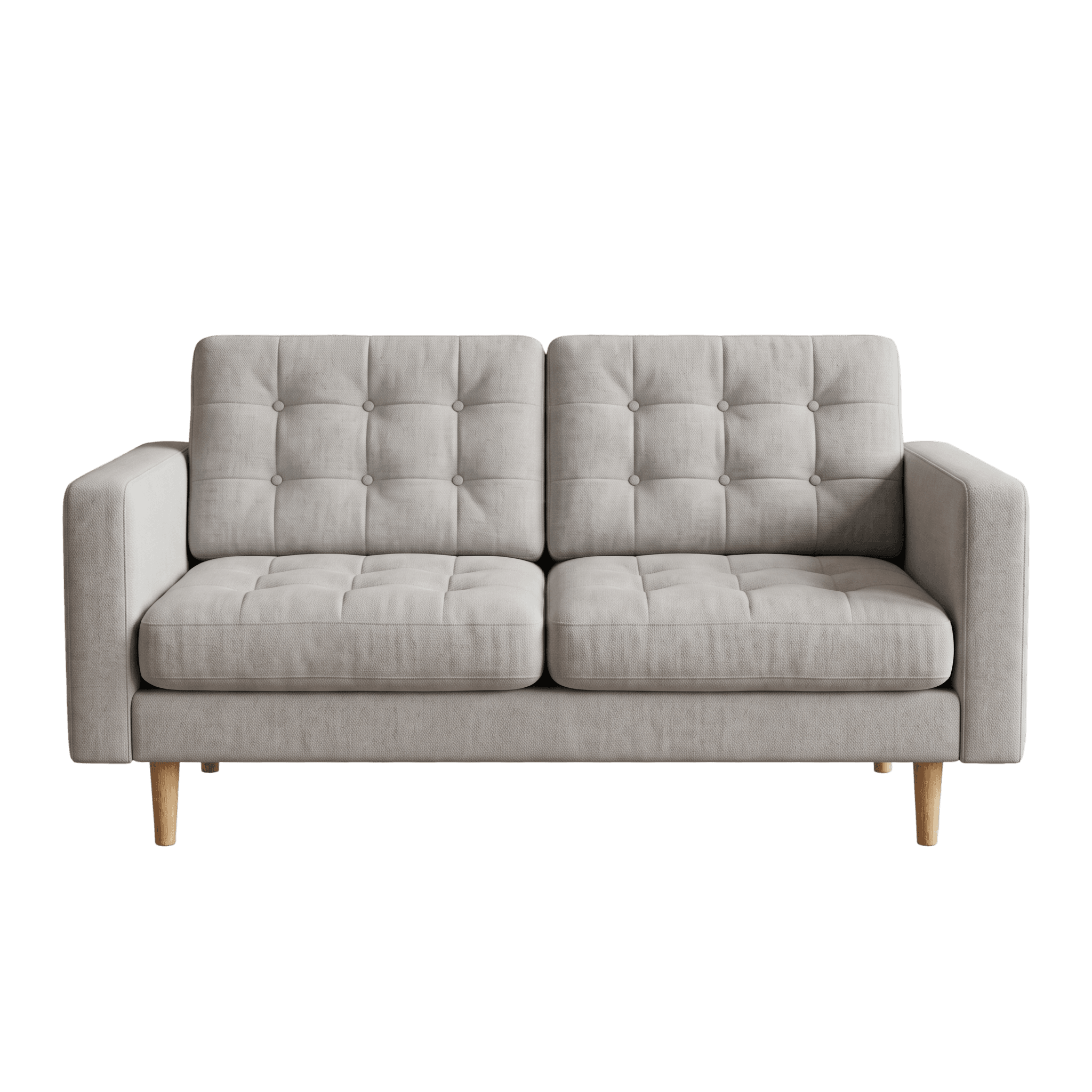 Light grey tufted two-seat sofa on wooden legs
